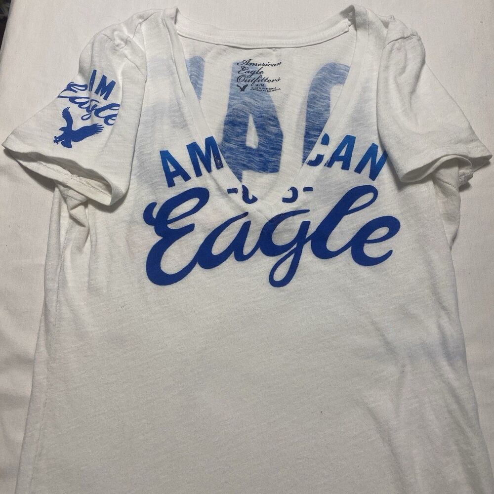 Y2K American Eagle Deep V Graphic T-Shirt Med White McBling 2000s Mall Girl 045